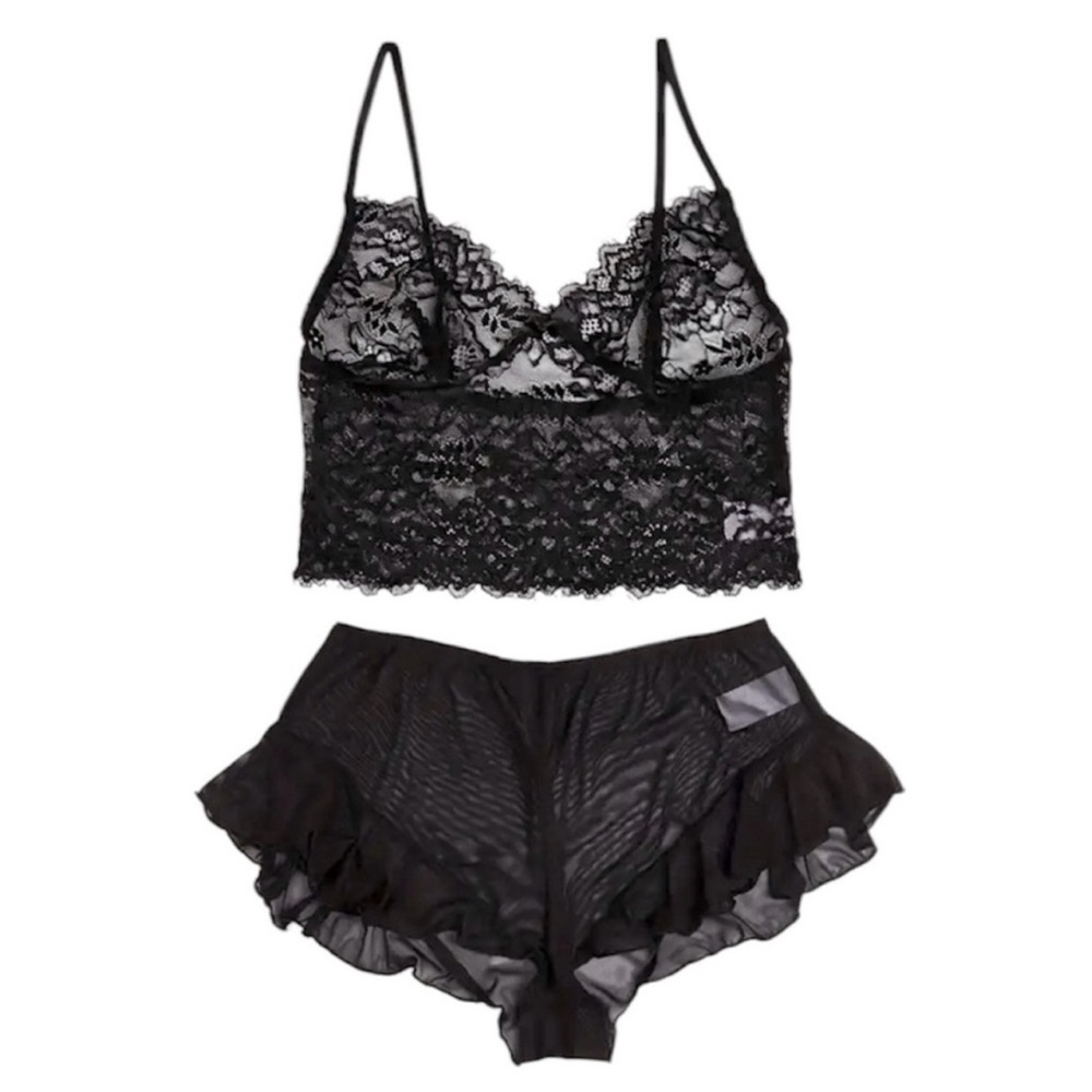 Black Lace Lingerie Set Semi Sheer Cami Bra & Ruffle Panties Size Large NEW